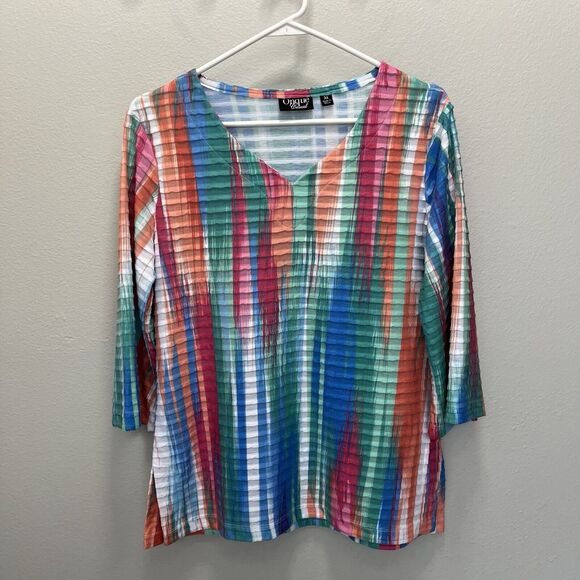 Onque Casual | Textured Tiered Multi Rainbow Stripe V-Neck 3/4 Sleeve Top Medium - Picture 2 of 5